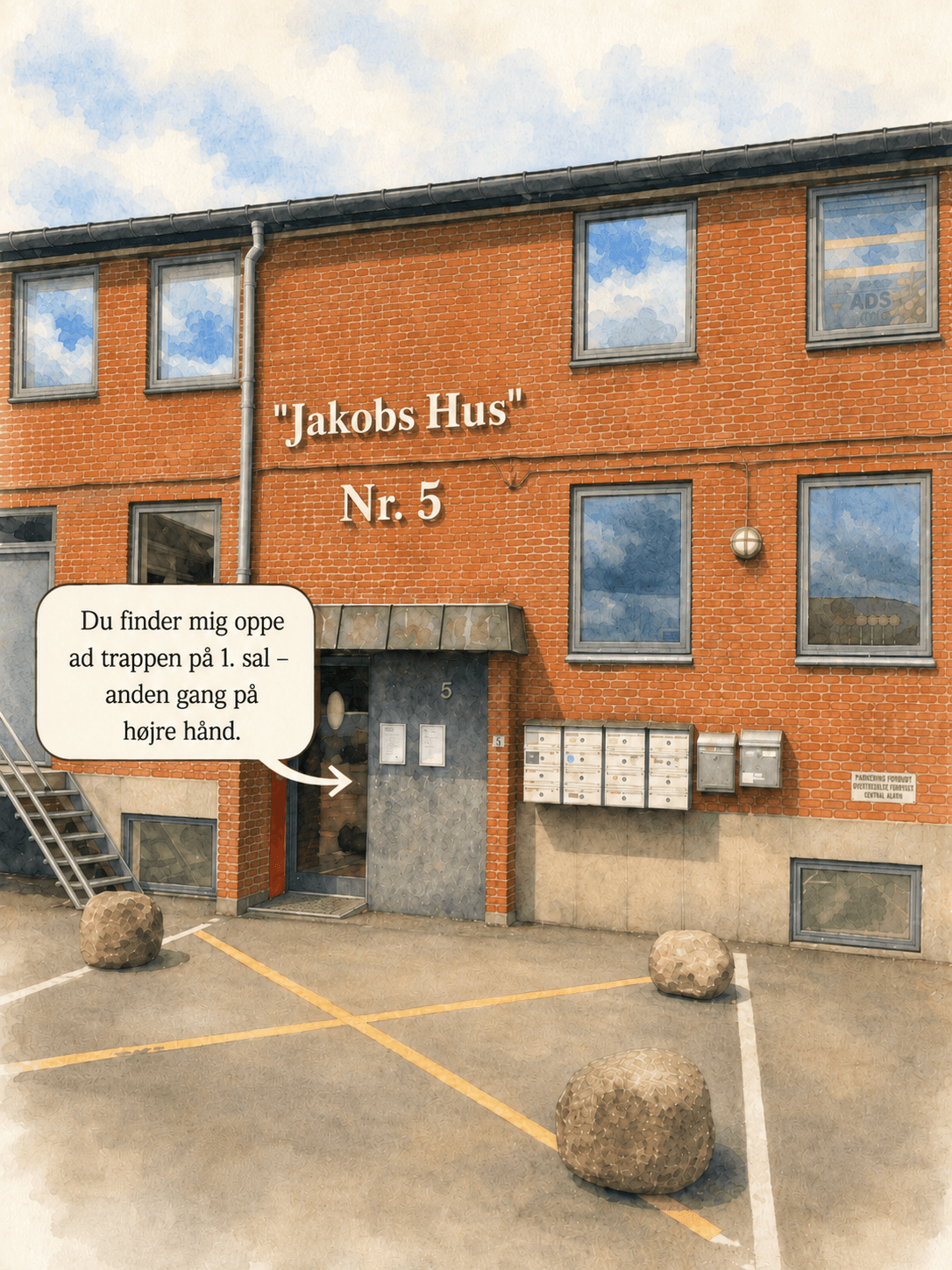 Illustration af Jakobs Hus, Stationsvangen 5, med vejvisning til indgangen